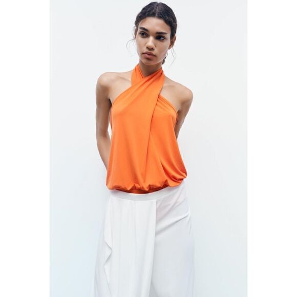 NWOT Zara Bright Orange Draped Crossover Halter Neck Top Bodysuit, Size Small - Picture 6 of 14
